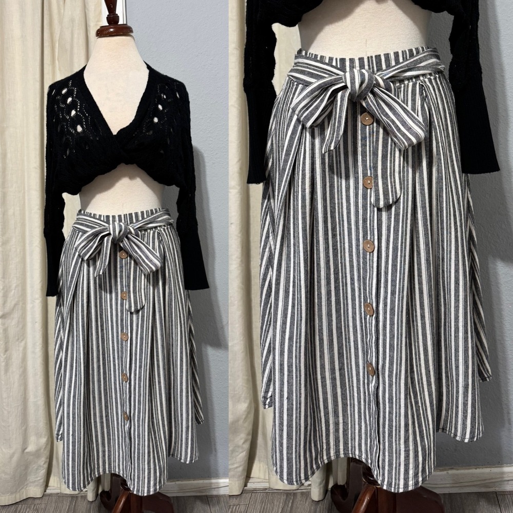 Linen Blend Striped Midi Skirt Size L Black White Nautical Cottagecore Modest